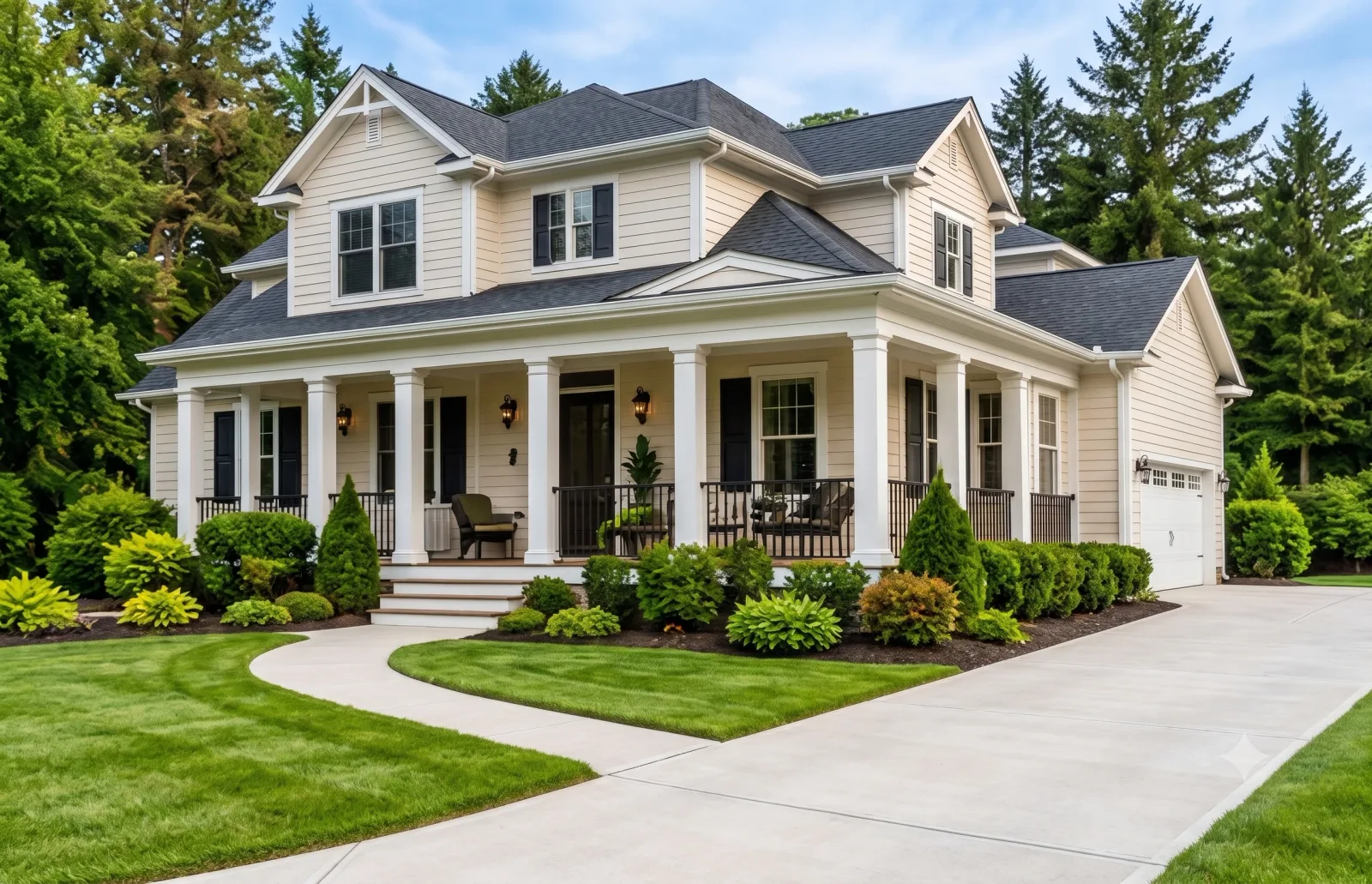 A well-maintained home exterior with clean siding, roof, and driveway at dusk