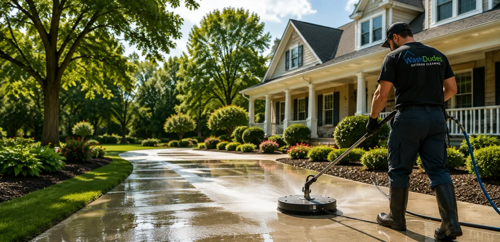 Freshly pressure washed driveway leading up to a well maintained home