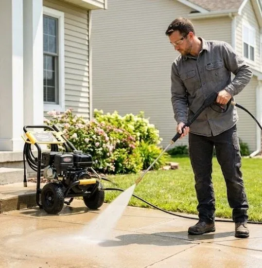 Man pressure washing a home's driveway
