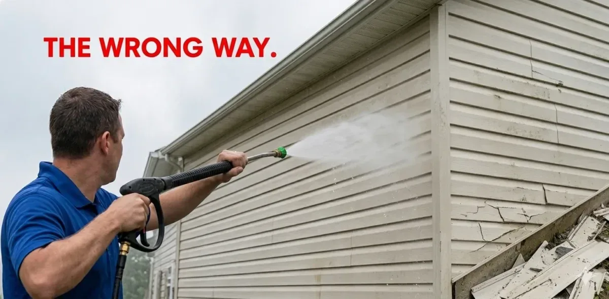 Technician using a pressure washer too close to vinyl siding, stripping it