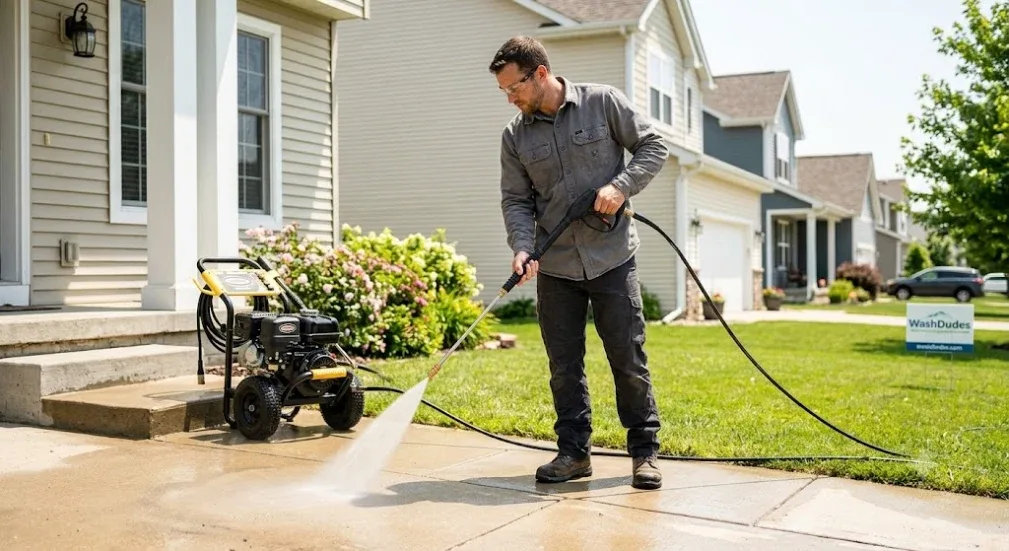 Wash Dudes technician pressure washing a brick exterior