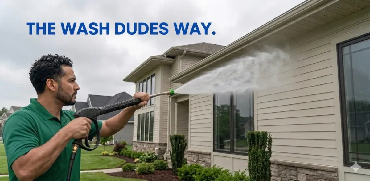 Wash Dudes technician soft washing a house exterior
